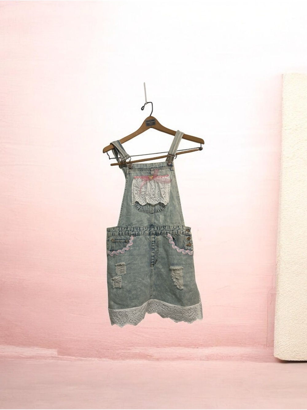 Denim Mini Overall Dress with Pink Trim and Lace